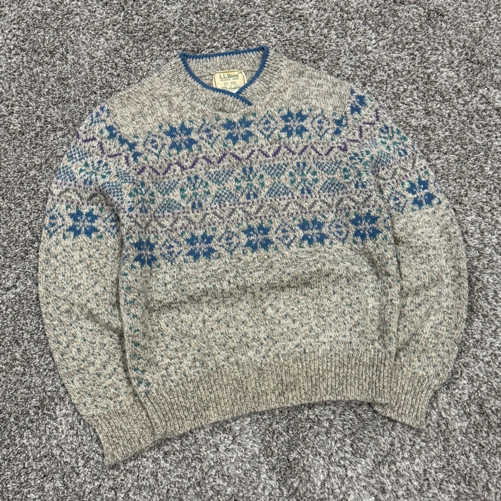 Vintage LL Bean Fair Isle Wool Sweater Womens Small Oatmeal Blue Made in USA